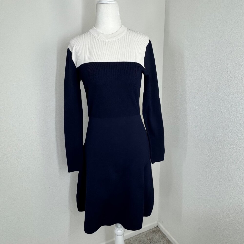 Sandro Navy Ribbed Knit Dress Size M Crew Neck Long Sleeve Knee Length Classic